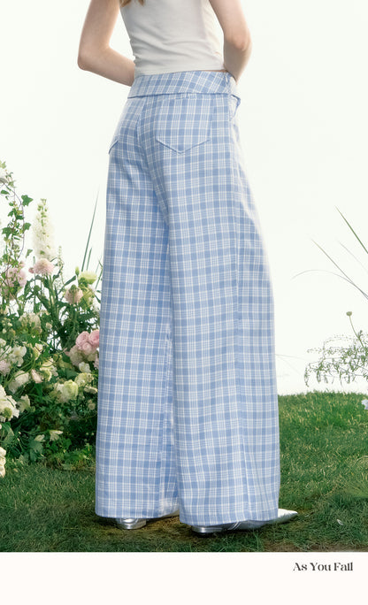 Plaid Wide-Leg Trousers With Foldover Waist