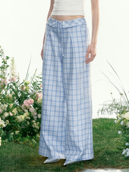 Plaid Wide-Leg Trousers With Foldover Waist
