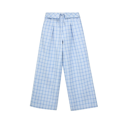 Plaid Wide-Leg Trousers With Foldover Waist