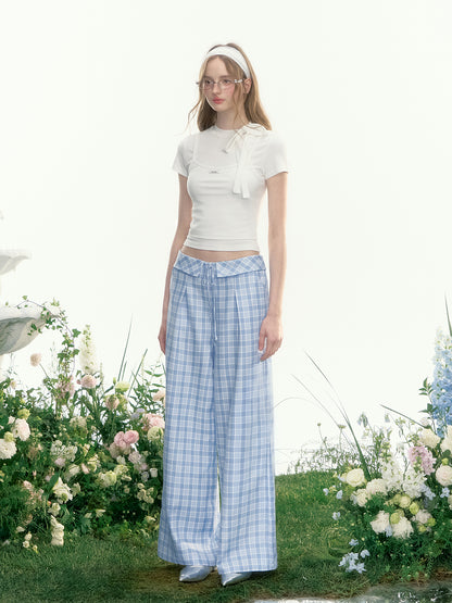 Plaid Wide-Leg Trousers With Foldover Waist