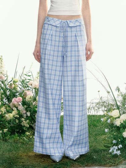Plaid Wide-Leg Trousers With Foldover Waist