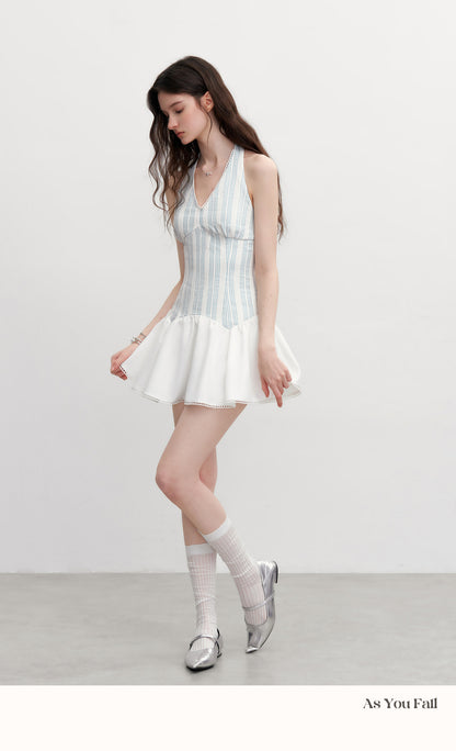 Striped Halter Neck Dress With Shirred Back