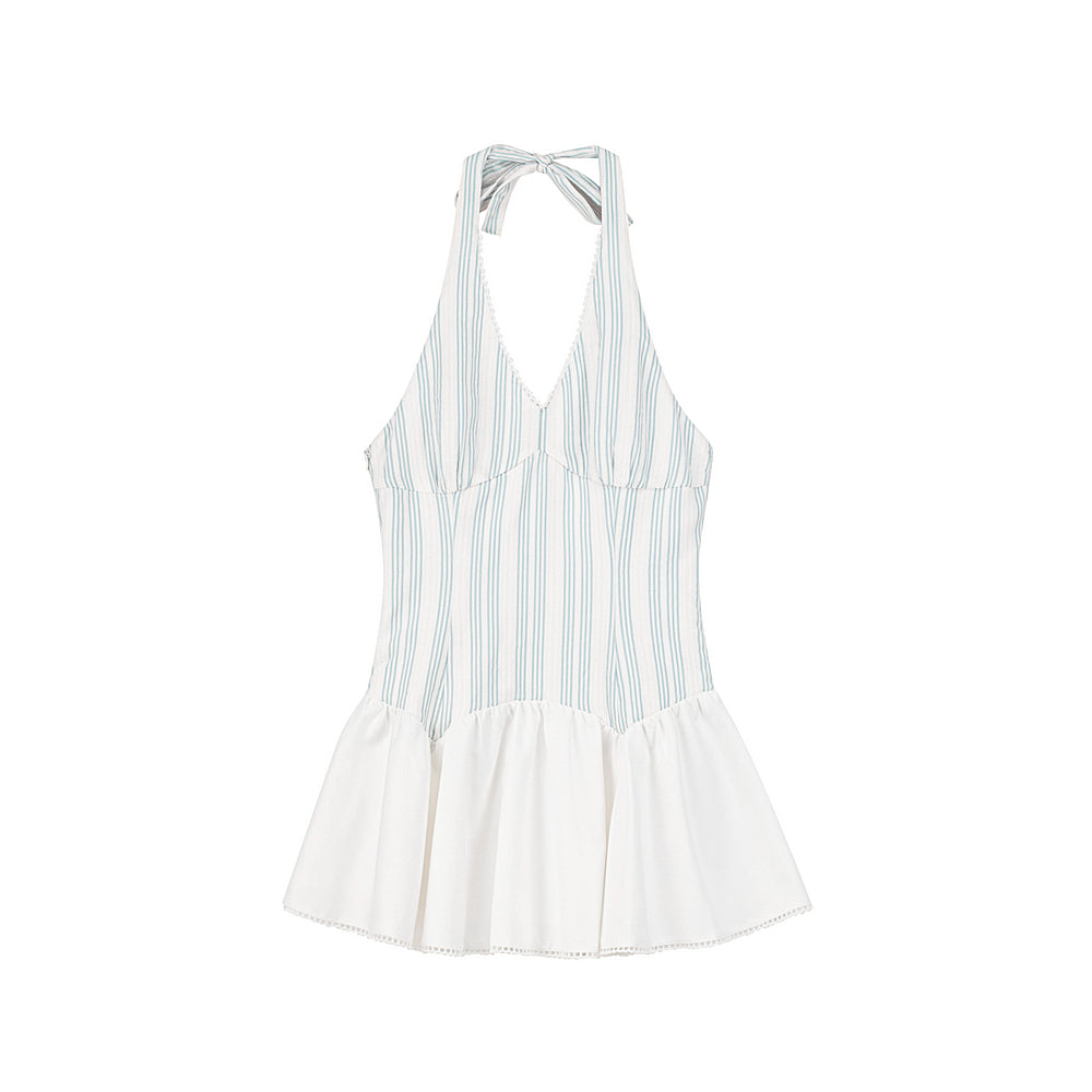 Striped Halter Neck Dress With Shirred Back