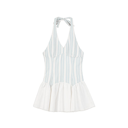 Striped Halter Neck Dress With Shirred Back