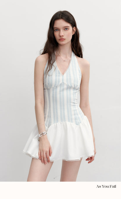 Striped Halter Neck Dress With Shirred Back