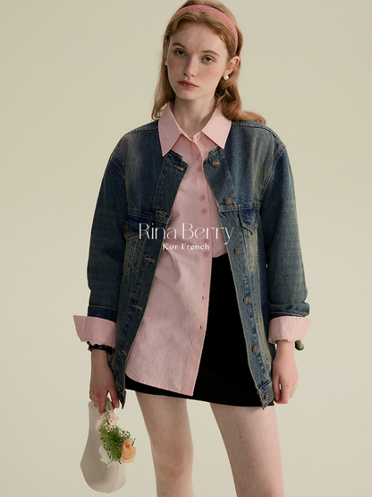 Collarless Distressed Denim Jacket