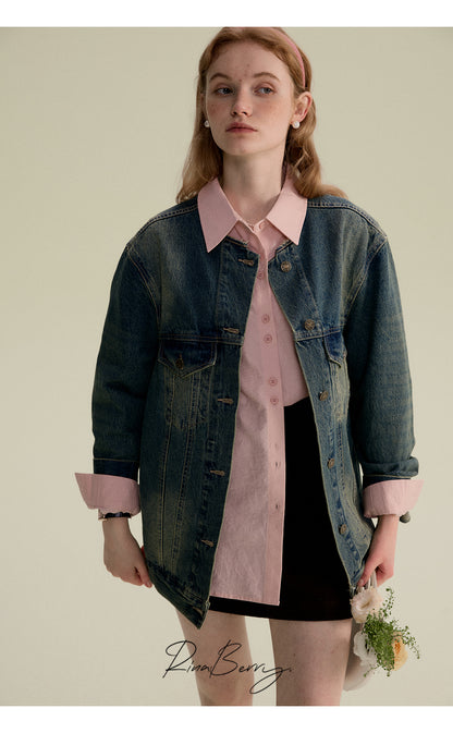 Collarless Distressed Denim Jacket