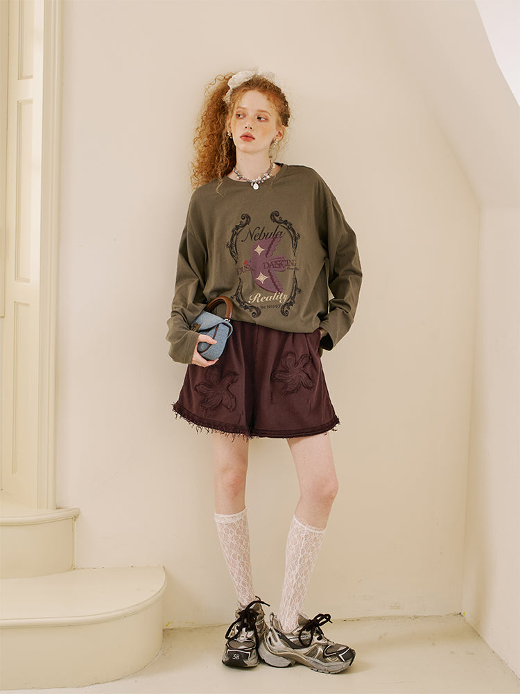 Frayed Hem Shorts With Floral Patches