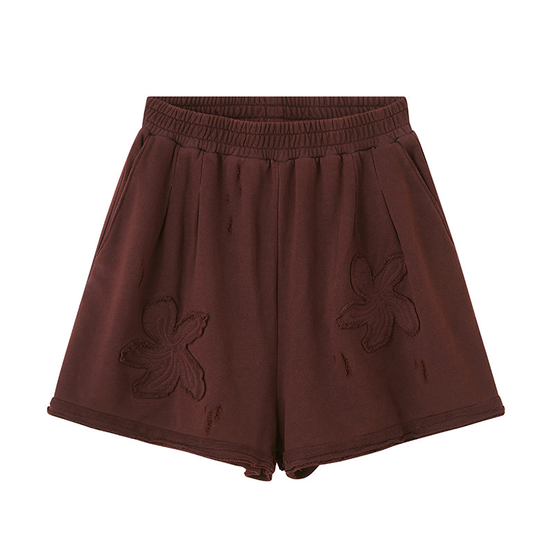 Frayed Hem Shorts With Floral Patches