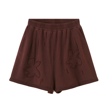 Frayed Hem Shorts With Floral Patches
