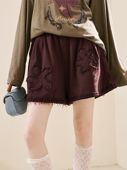 Frayed Hem Shorts With Floral Patches