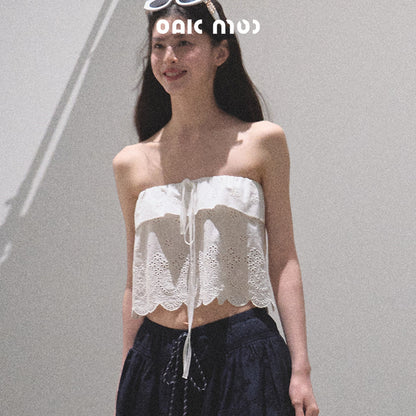 Foldover Cotton Embroidered Crop Tube Top