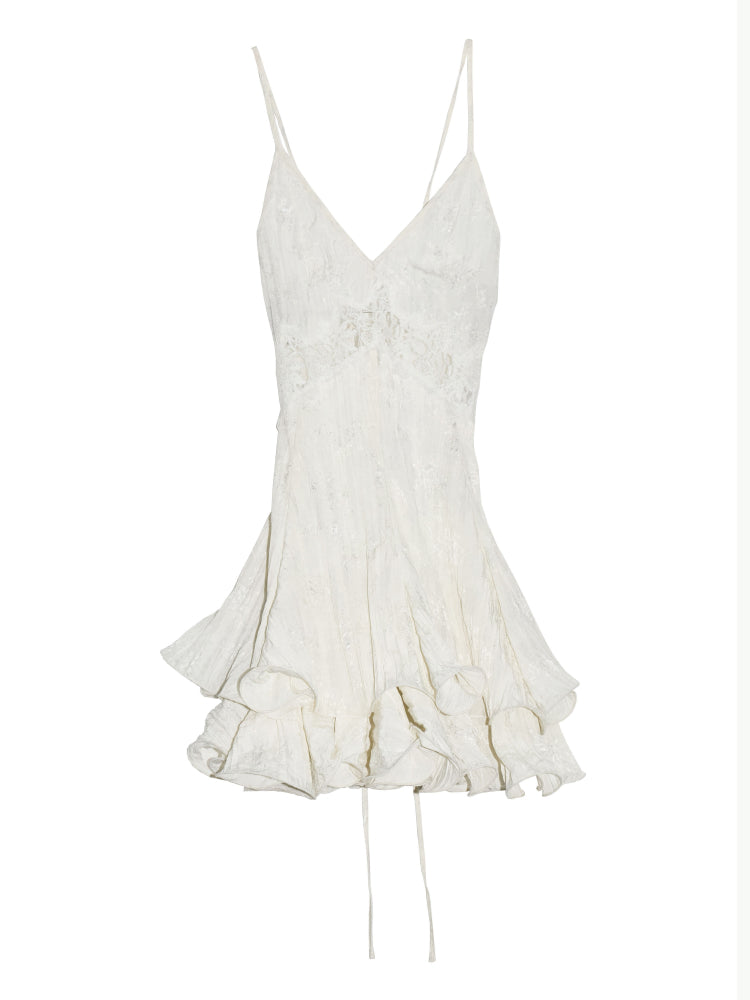 Sheer Lace Ruffled Hem Open Back Cami Dress