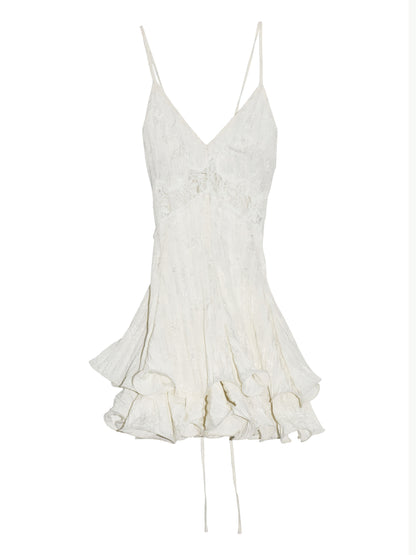 Sheer Lace Ruffled Hem Open Back Cami Dress