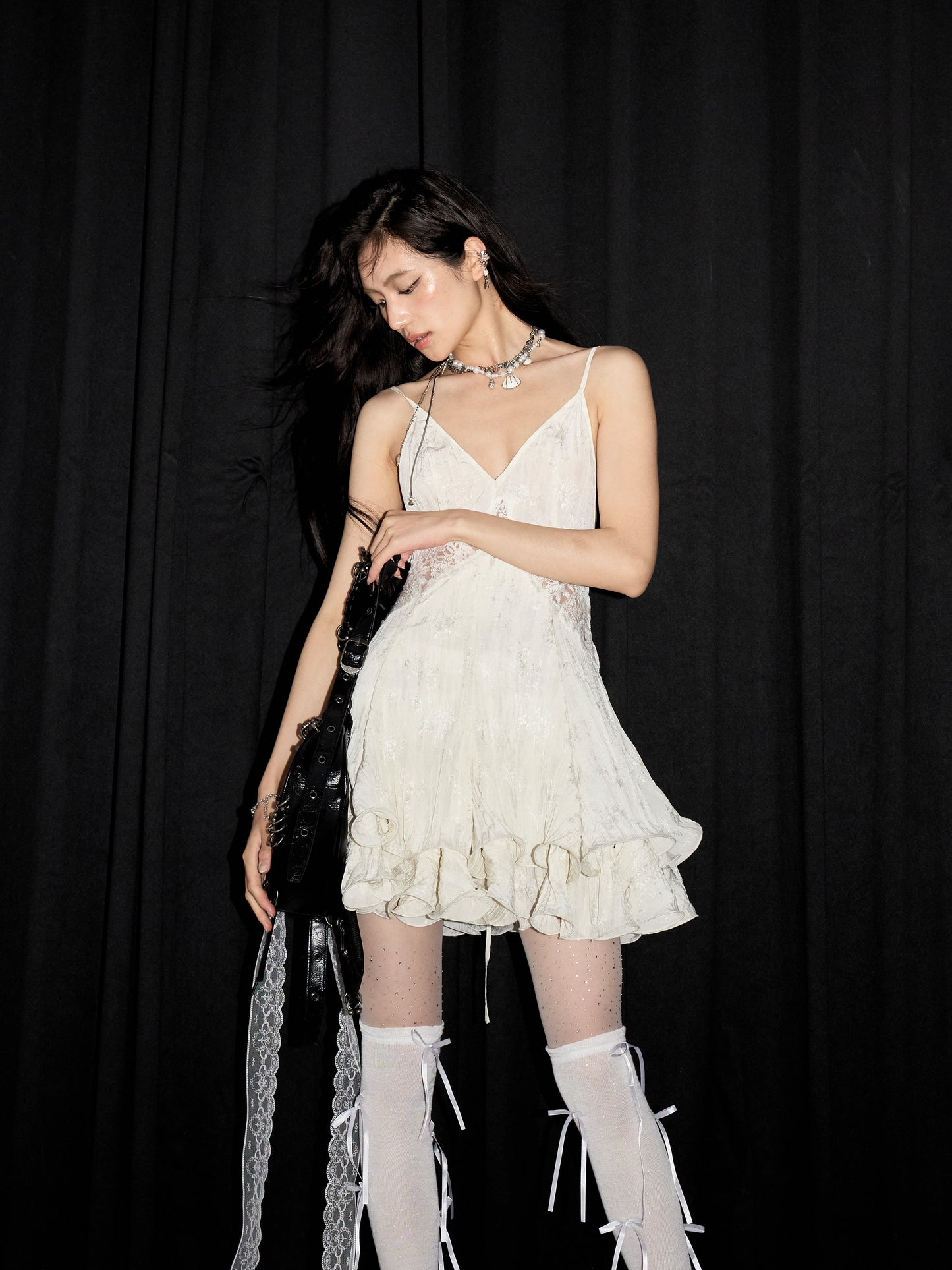 Sheer Lace Ruffled Hem Open Back Cami Dress