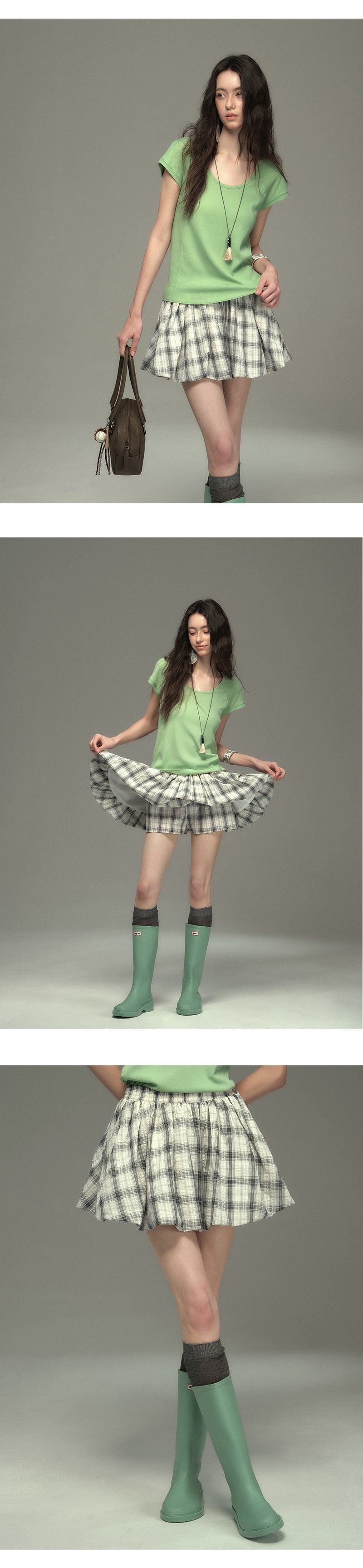 Plaid Seersucker Bubble Skirt With Elastic Waist