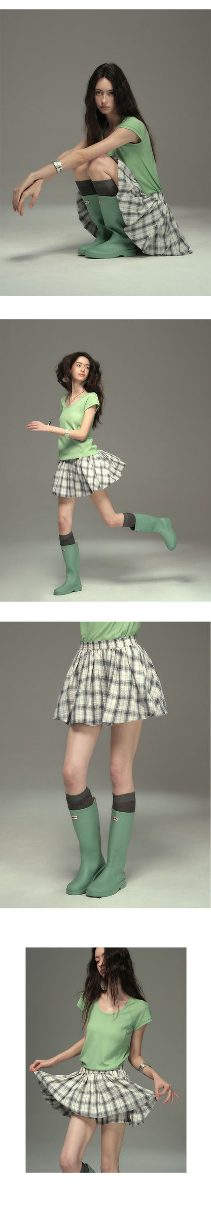 Plaid Seersucker Bubble Skirt With Elastic Waist