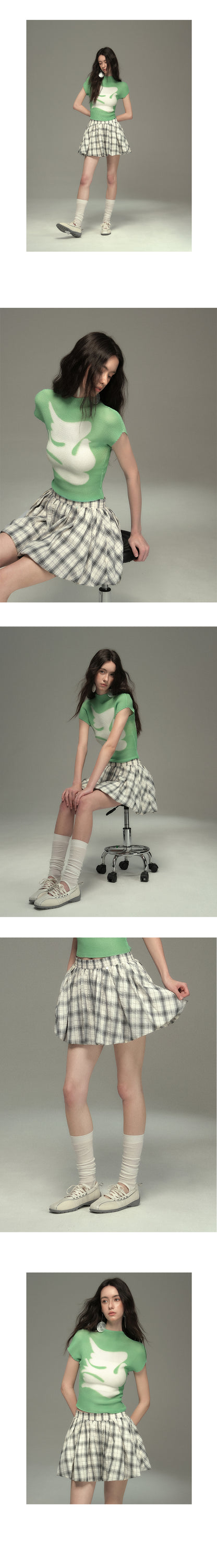 Plaid Seersucker Bubble Skirt With Elastic Waist