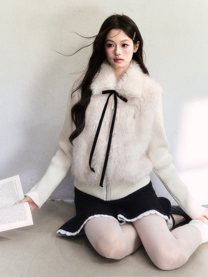 Faux Fur Ribbed Knit ZipUp Top