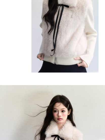 Faux Fur Ribbed Knit ZipUp Top