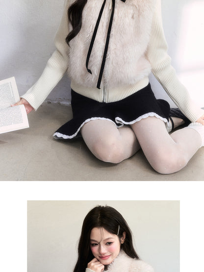 Faux Fur Ribbed Knit ZipUp Top