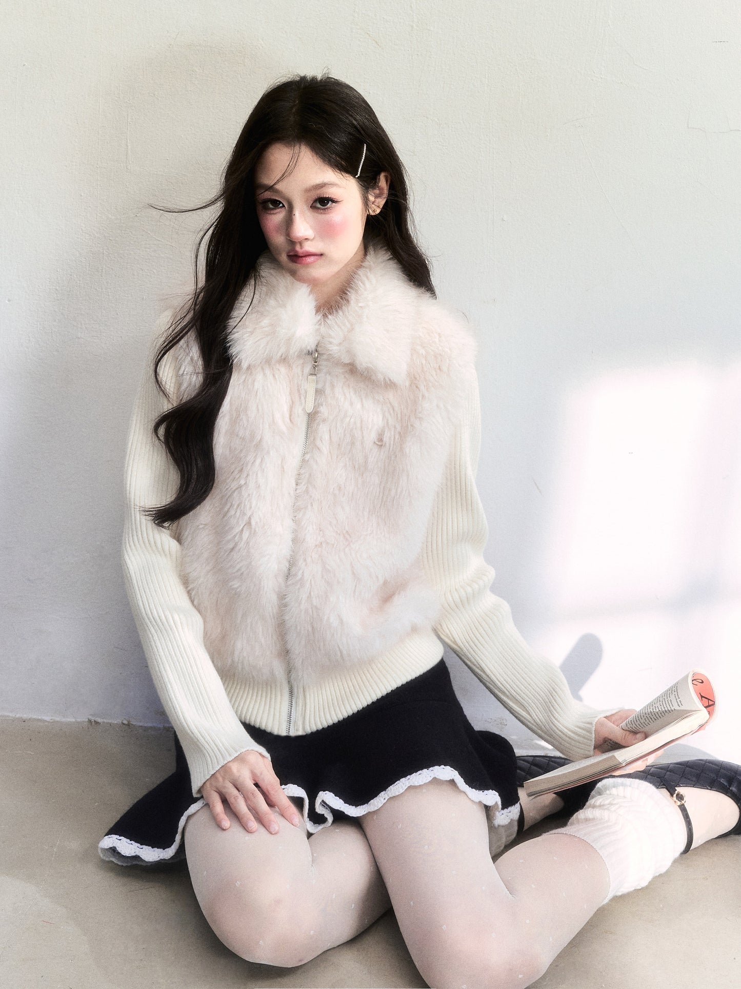 Faux Fur Ribbed Knit ZipUp Top