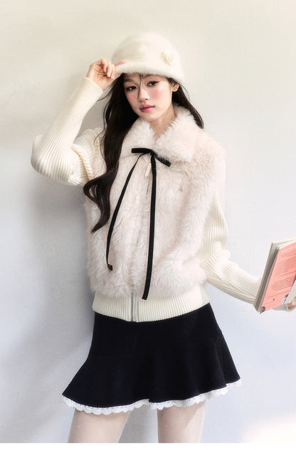 Faux Fur Ribbed Knit ZipUp Top