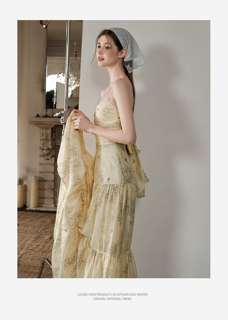 Floral Ruched Maxi Strap Dress With Back Tie