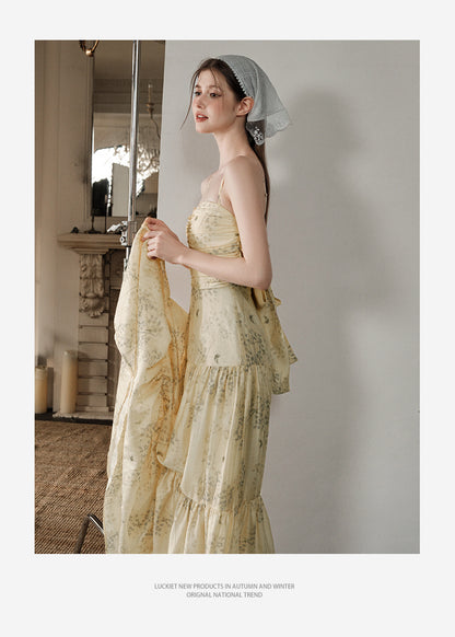Floral Ruched Maxi Strap Dress With Back Tie