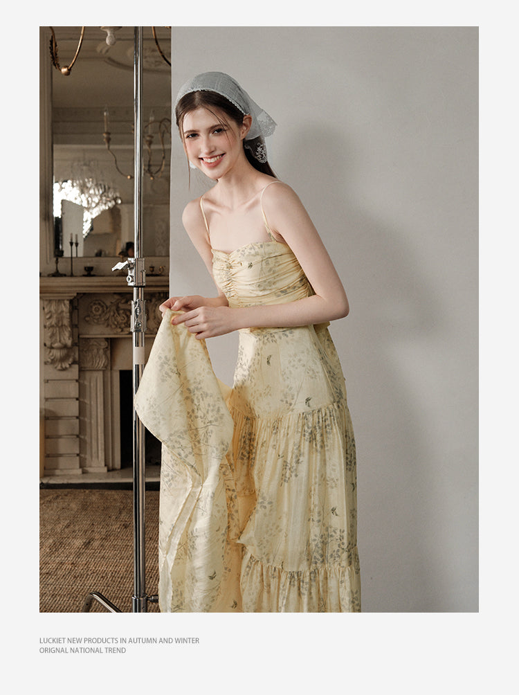 Floral Ruched Maxi Strap Dress With Back Tie