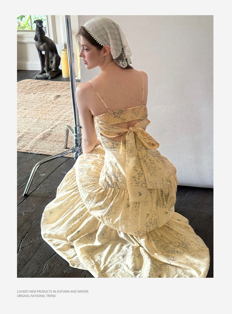 Floral Ruched Maxi Strap Dress With Back Tie