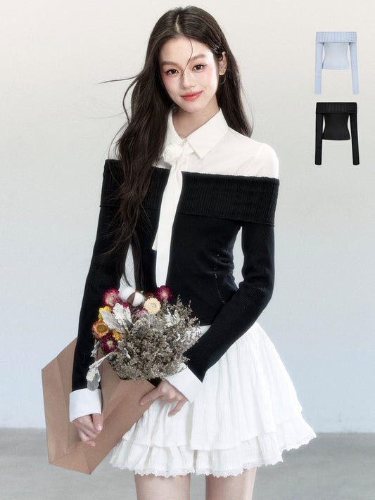 Fold-Over Off-Shoulder Fitted Knit Top