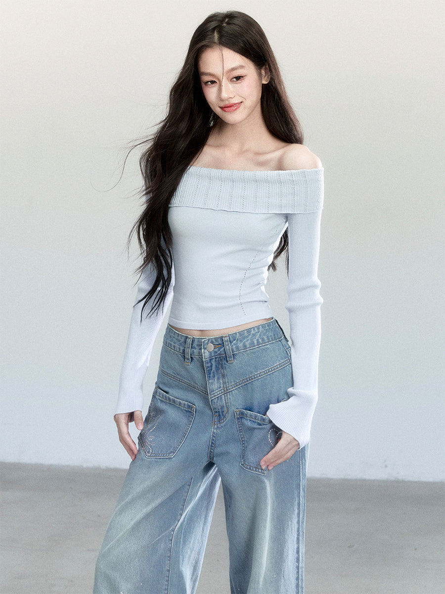 Fold-Over Off-Shoulder Fitted Knit Top