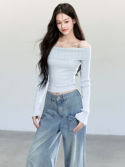 Fold-Over Off-Shoulder Fitted Knit Top