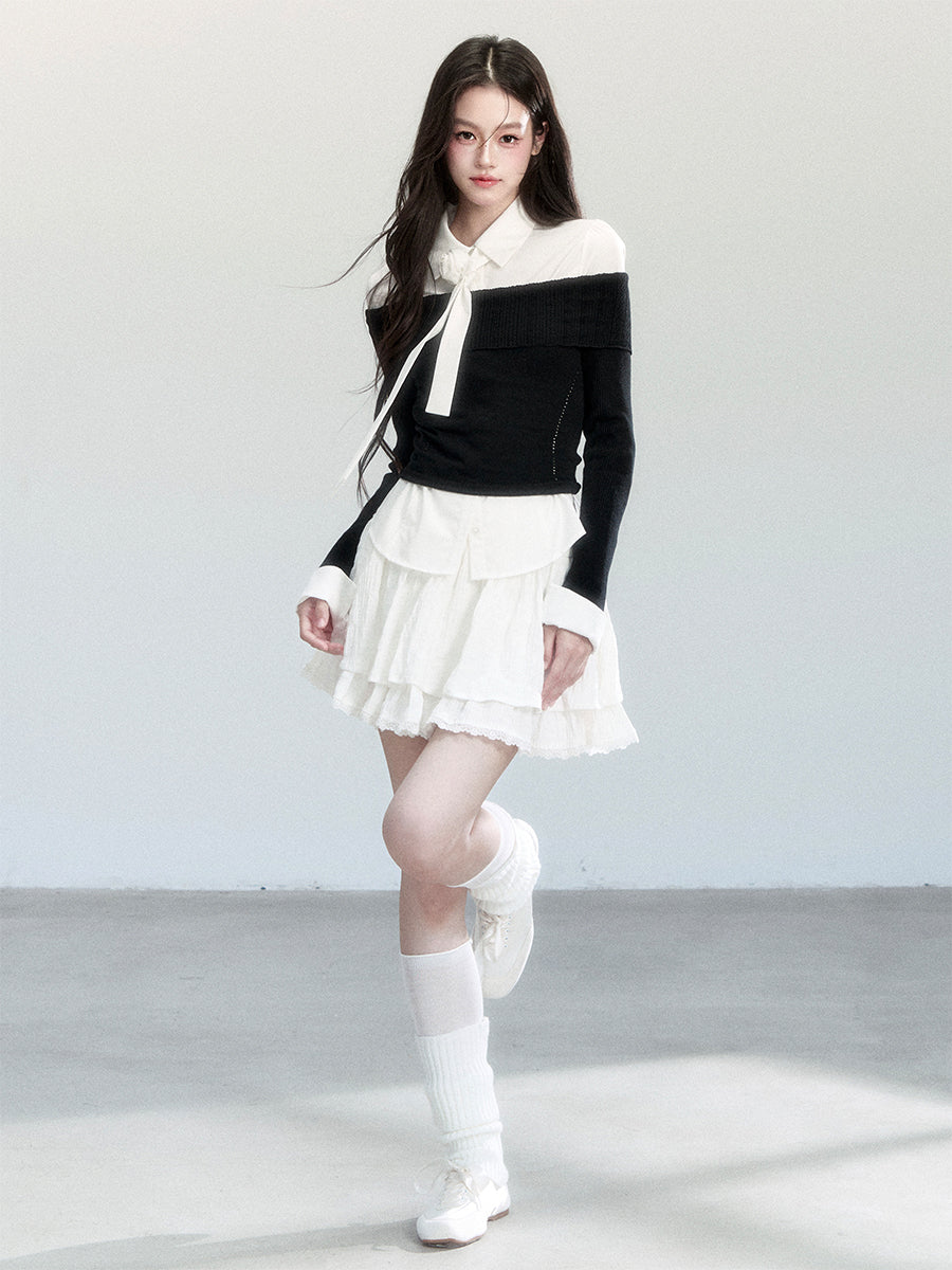 Fold-Over Off-Shoulder Fitted Knit Top