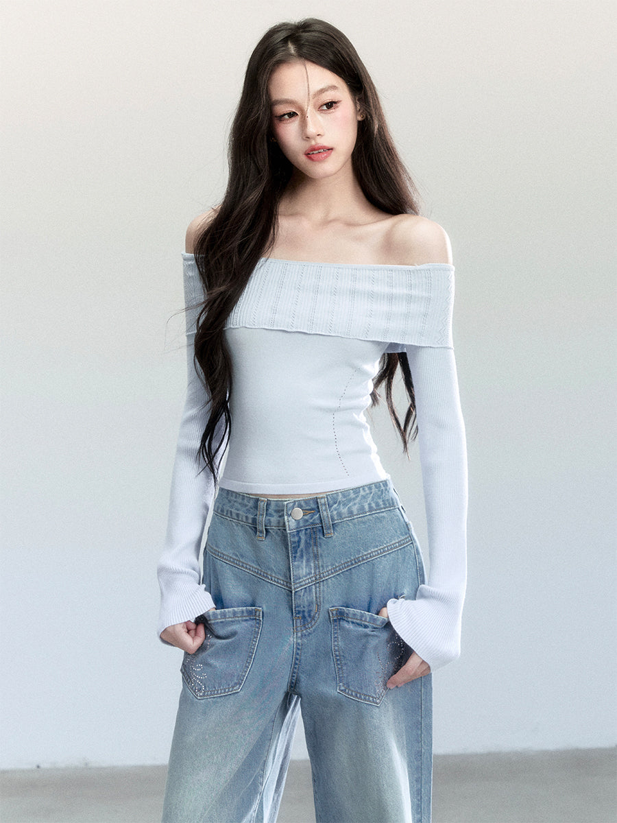 Fold-Over Off-Shoulder Fitted Knit Top