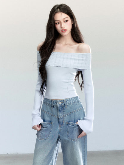 Fold-Over Off-Shoulder Fitted Knit Top