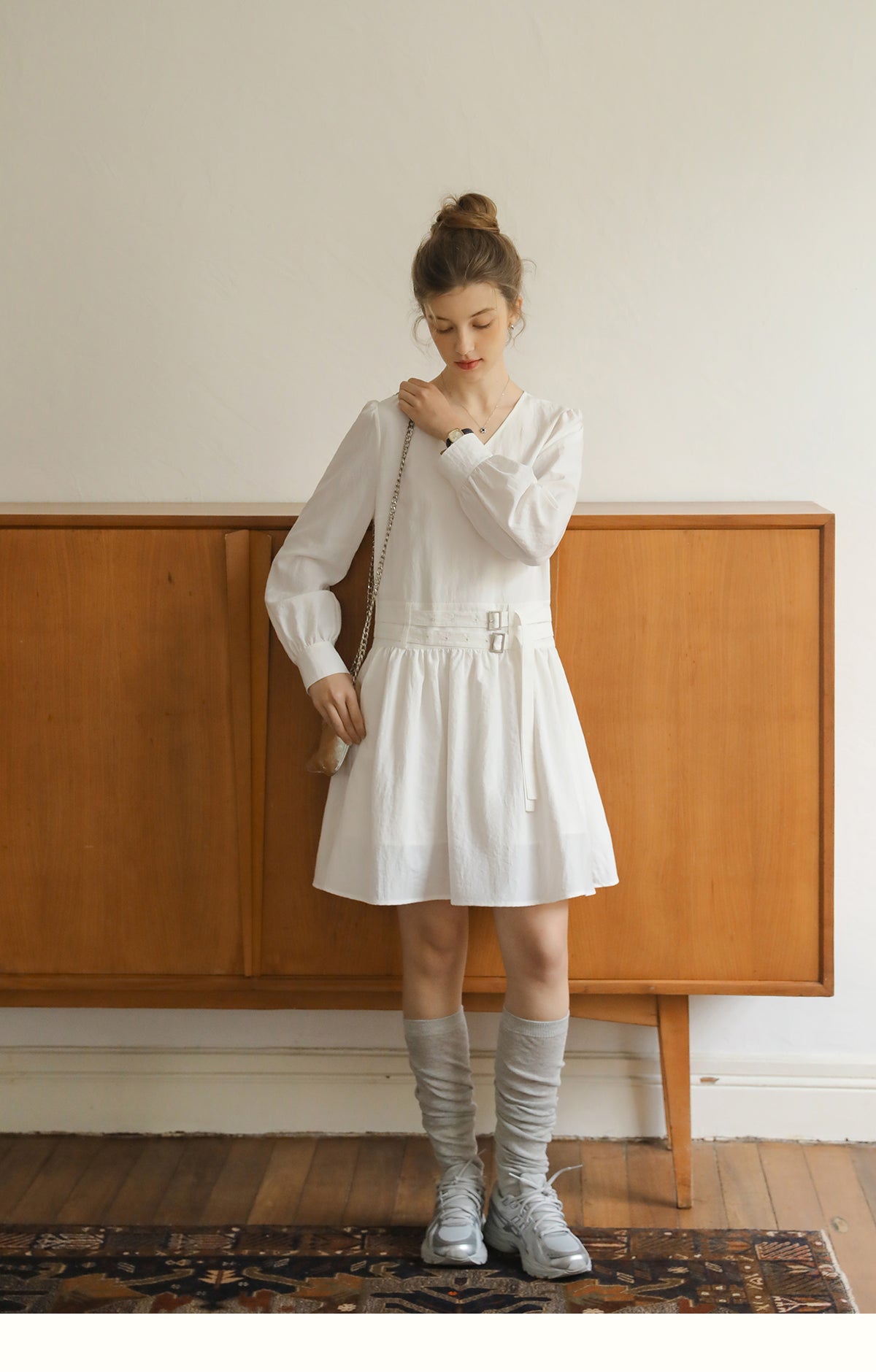 V-Neck Double-Belted Dress