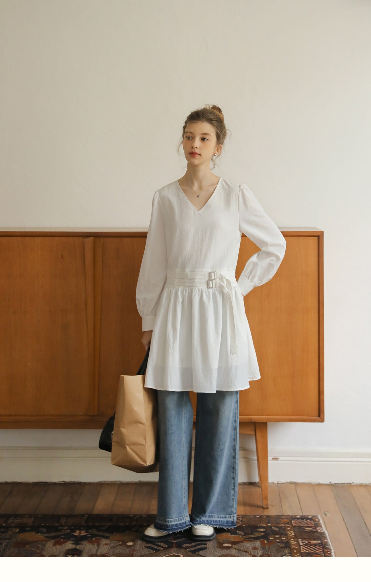 V-Neck Double-Belted Dress