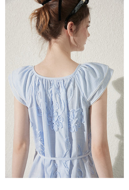 Floral Embellished Striped Dress With Butterfly Sleeves