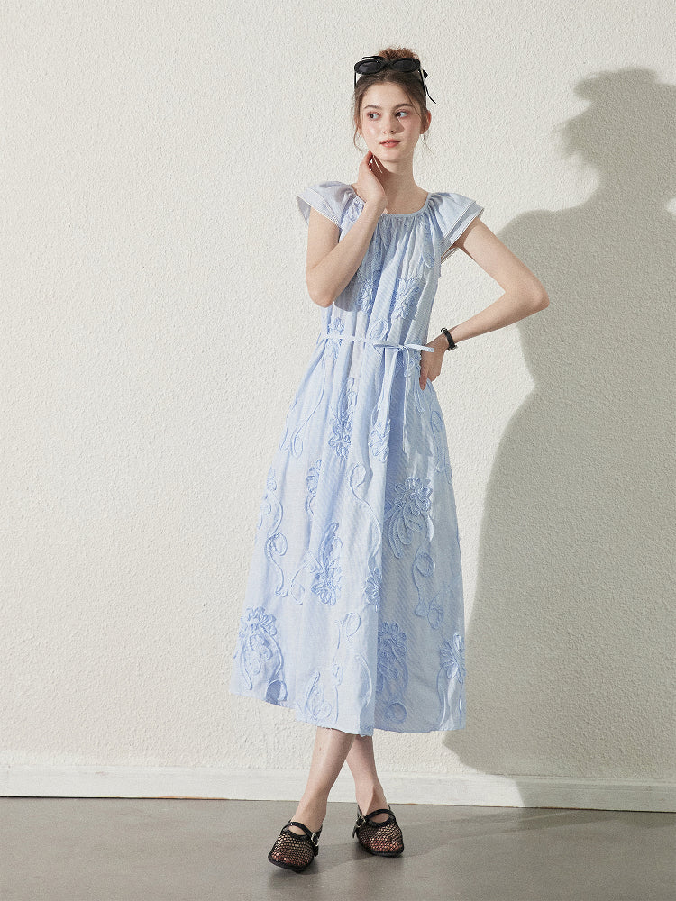 Floral Embellished Striped Dress With Butterfly Sleeves