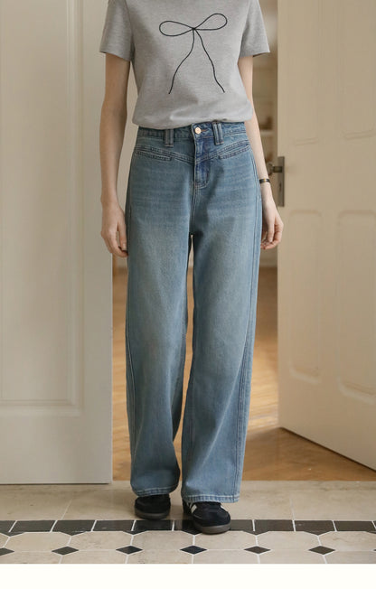 Washed Straight-Leg Jeans With V-Seam Waist