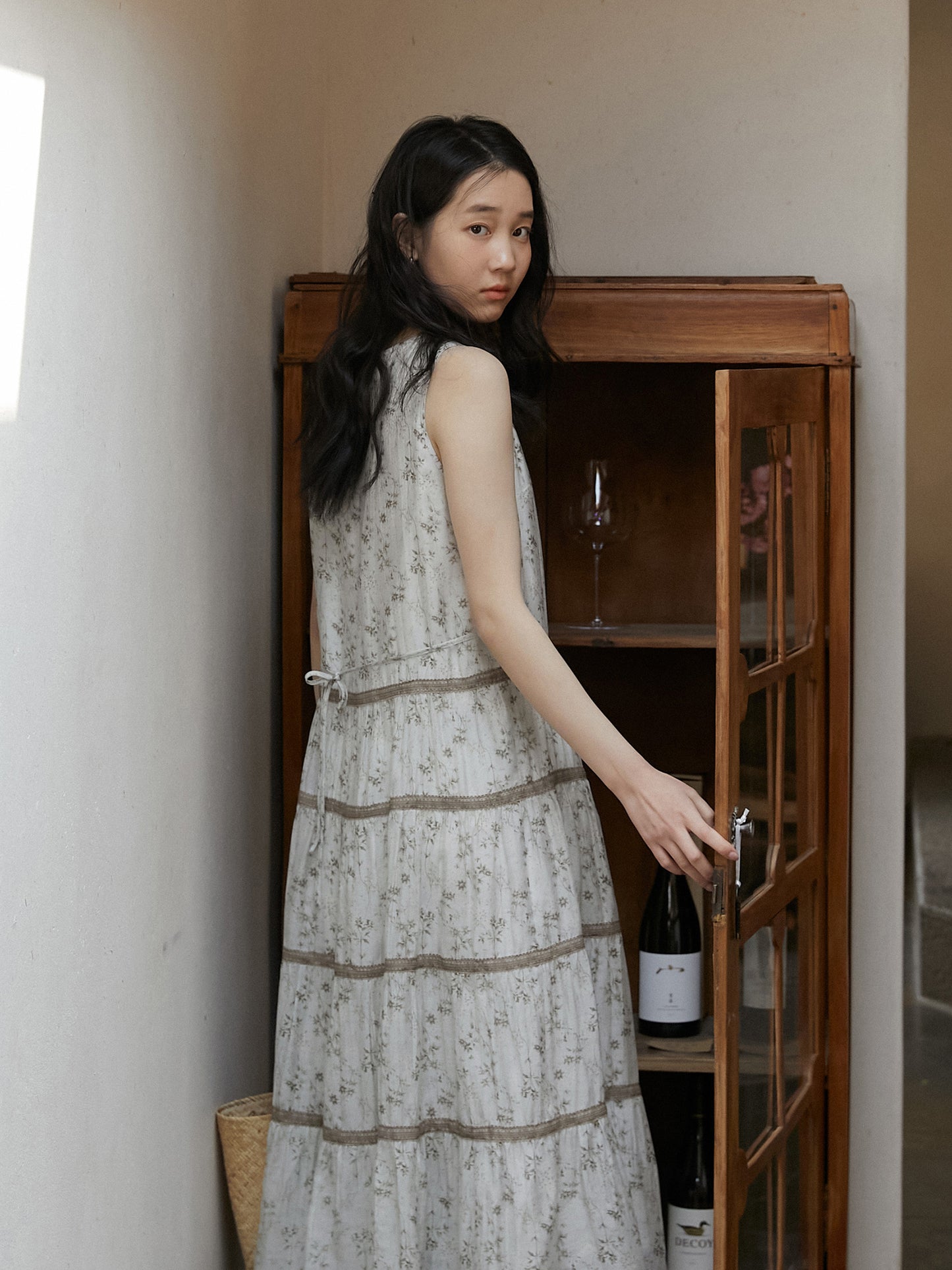 Sleeveless Floral Tiered Dress With Lace Detail And Back Tie