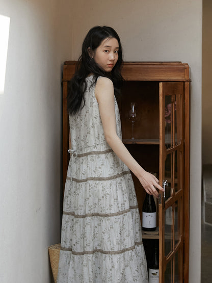 Sleeveless Floral Tiered Dress With Lace Detail And Back Tie