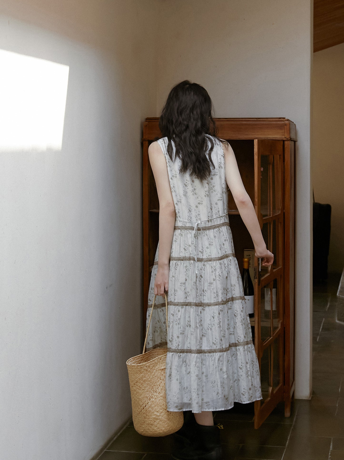 Sleeveless Floral Tiered Dress With Lace Detail And Back Tie
