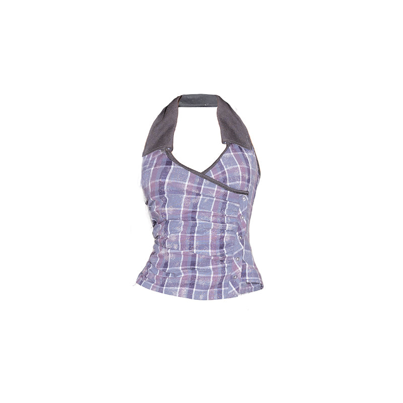 Plaid Crossover Front Collared Halter Top