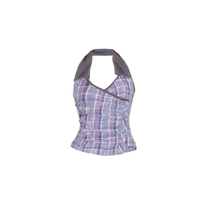 Plaid Crossover Front Collared Halter Top