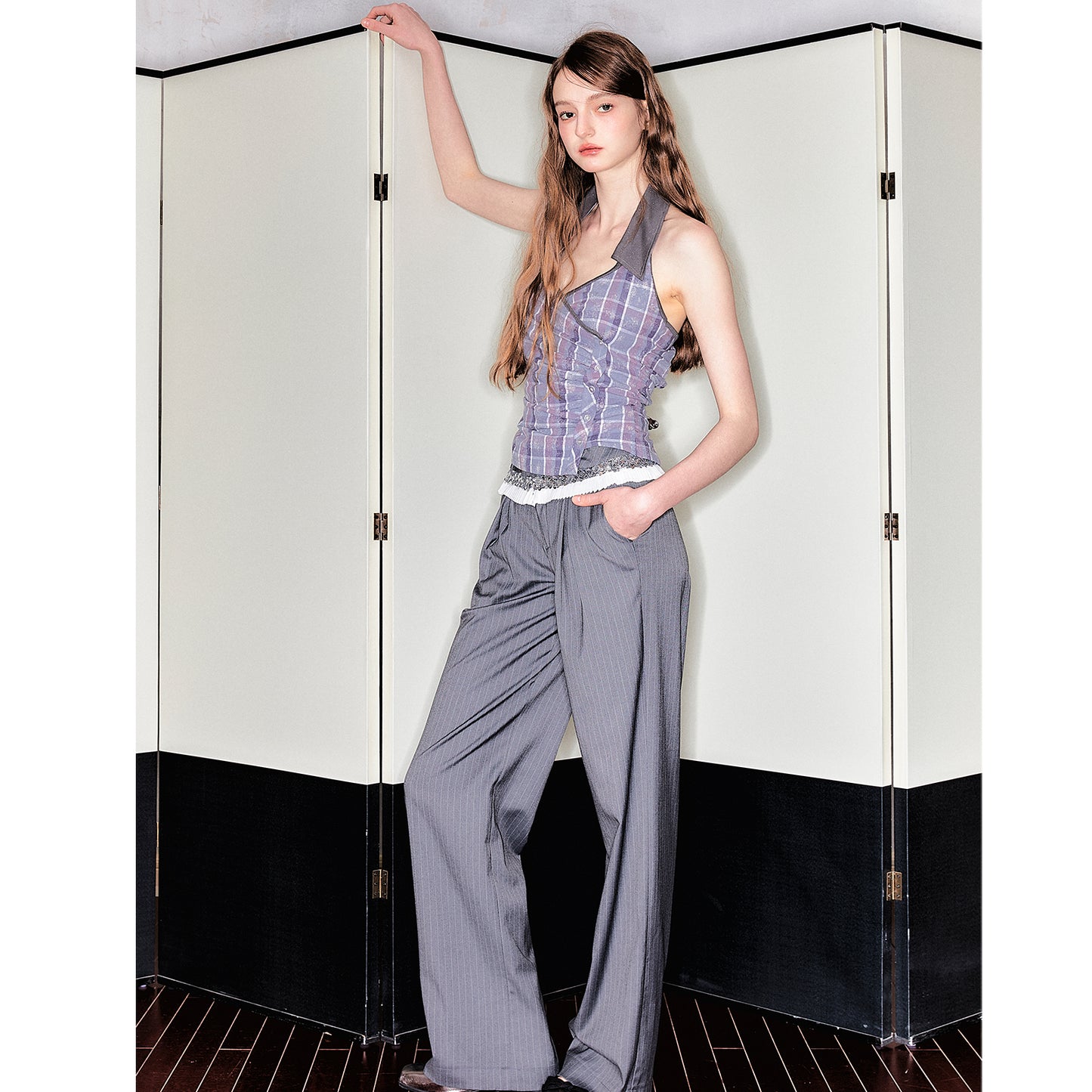 Plaid Crossover Front Collared Halter Top