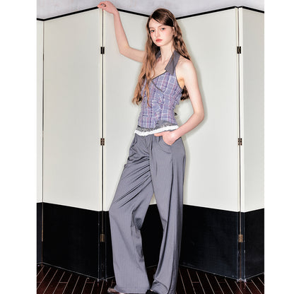 Plaid Crossover Front Collared Halter Top
