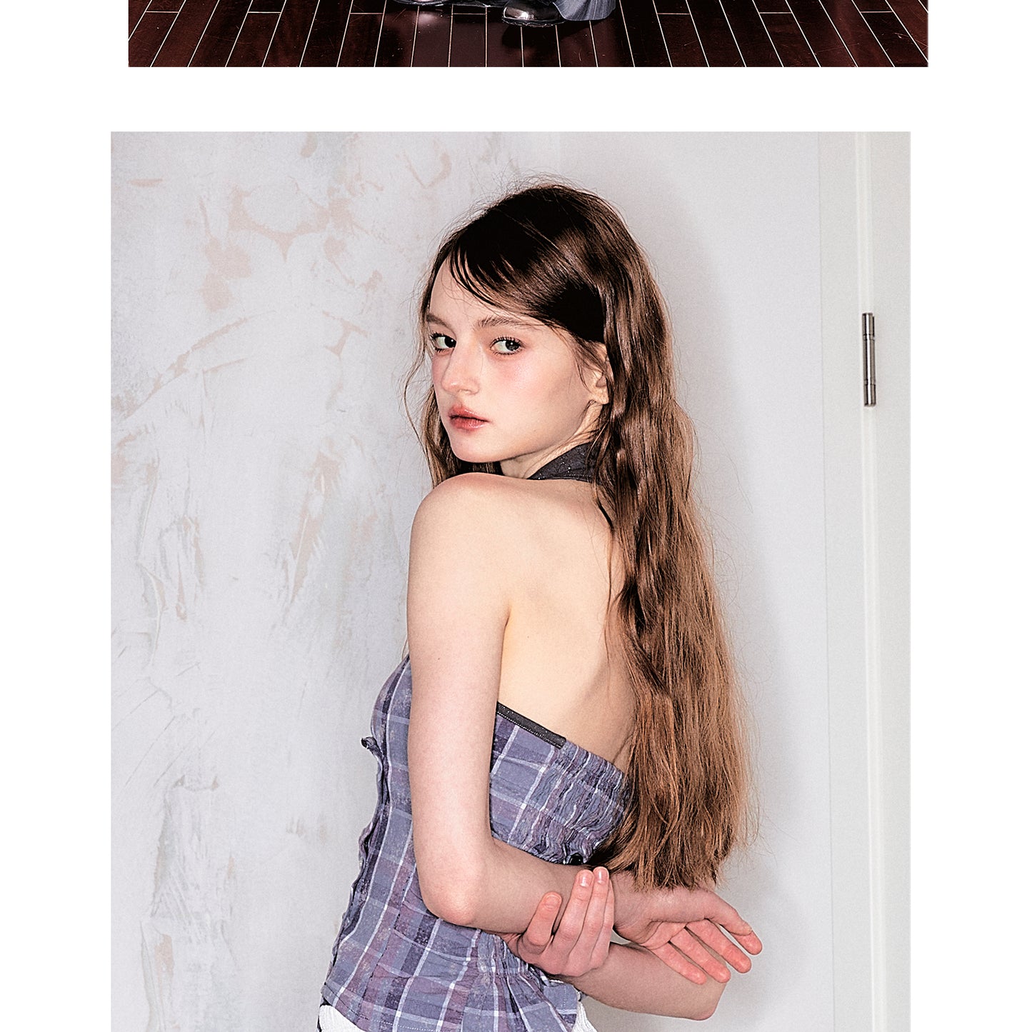 Plaid Crossover Front Collared Halter Top
